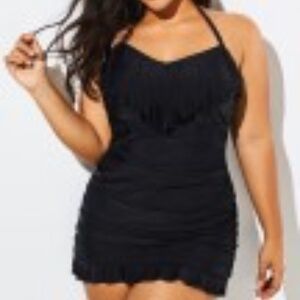Black Fringe Ruffle Hem Bandeau Swimdress 2XL
